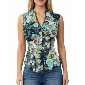 Vintage Y2K Wrapper Button-Up Tank Top Size L Sheer Floral Gold Shimmer Boho